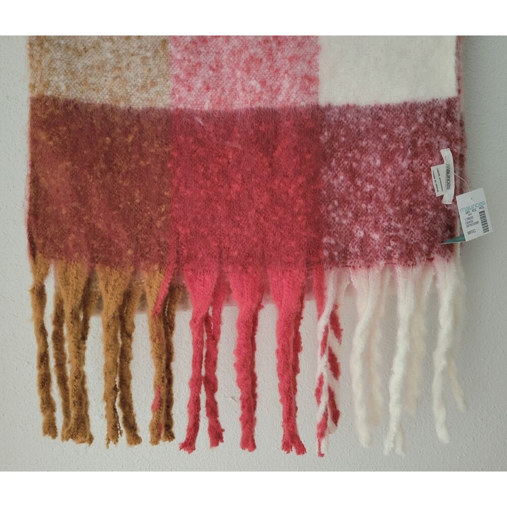 Maurices NWT Cozy Multicolor Colorblock Plaid Fuzzy Knit Fringe Blanket Scarf